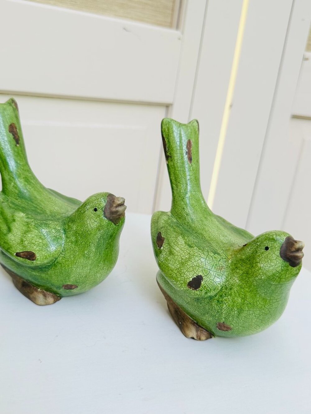 Pier 1 Green Crackle Glaze Bird Figurines Set Cottagecore Farmhouse Decor - Picture 2 of 14